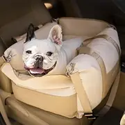 FUNNY FUZZY Waterproof Pet Car Booster Seat for Small & Medium Dogs up to 35lbs, Soft Thick Cushion, Leash, Adjustable Straps, Washable Detachable Cover, Storage Pockets, Travel-Friendly(Beige)