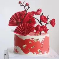 在飛比找ETMall東森購物網優惠-祝壽大紅色折扇扇子烘焙蛋糕裝飾擺件紅色梅花亞克力福字插牌裝飾