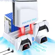 PS5 Slim Stand with Cooling Fan and Dual Controller Charger for Playstation 5