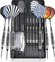 CareGames Steel Tip Darts Set 24g with Carrying case and Extra Accessories, Black/Blue/Green