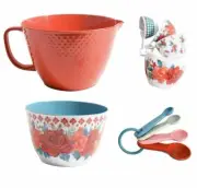 Pioneer Woman Cheerful Rose Melamine Batter Serving Bowls Measuring Cups Spoons