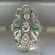 Art Deco Style Round Cut Lab-Created Diamond Emerald Ring 14K White Gold Finish