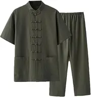 [NTWSHS] Chinese Clothing Chinese Kung Fu Uniform Cotton Linen Martial Arts Clothes Short Sleeve Pants Zen Meditation Uniform Tai Chi Clothes,Tang Suit Hanfu(Green,XX-Large)