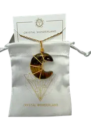 Tiger Eye Half Moon Shape Pendant Necklace Gold Healing Polished Tumbled