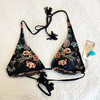 Johnny Was Ari Halter String Bikini Top Black Floral Triangle Small S NWT