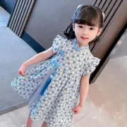Kid Girls Flora Cheongsam Qipao Dress Party Short Sleeve Frog Button Retro Sweet