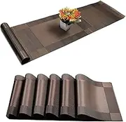 Placemats with Table Runner Sets Place Mats, Woven Crossweave Vinyl Kitchen Tablemat, Washable PVC Mats for Dining Table, Parties, Farmhouse, Thanksgiving, Christmas & Gathering (Brown)