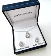 Belk Silverworks Fine Silver Plate CZ Pave Teardrop Pendant Necklace Earring Set