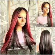 Kinky Straight Lace Front Wig Relaxed Yaki Wig Black Highlights Burgundy Heat