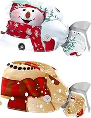 [WOSHJIUK] Working Hat 2 Pack Scrub Caps for Women,Christmas Snowman ski Tree,Tie Back Cap Adjustable Scrub Hat