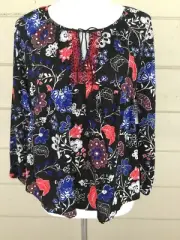 Old Navy Embroidered Peasant Blouse Black Tie Neck Size Small Red Floral Print