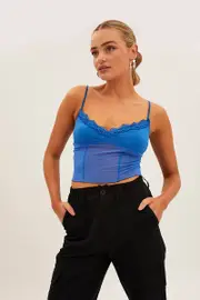 Blue Lace Trim Mesh Cami Top - Size M, Women's Tank