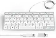 Ultra-Slim 78keys USB Mini Wired Keyboard with Media Hotkeys for Apple Mac Pro, MacBook 56Pro/ iMac, Air, Mac mini, Laptop Computers, Windows Desktop PC 11/10/8/7, with USB-A to C OTG Adapter, White