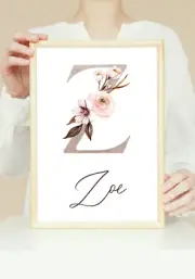 Childrens Nursery Initial Personalised Print Linen Boho Flower Design Kids Decor