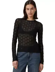 Cotton On Women's Halle Textured Mesh Crew Neck Long Sleeve Top BLACK Size XS