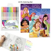 14 Pc Disney Princess Coloring Books Set Activity Pad Kids Drawing Glitter Pens