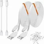 weishan 2-Pack 30ft Power Extension Cable Compatible with eufy SoloCam S220, S340 and Indoor Cam E220, P24, C120-9m Long Flat USB to Micro USB Charging Cord with USB-C Adapter, White