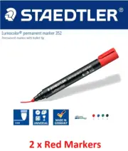 2 x Staedtler 352-2 RED Lumocolor Permanent Marker Clip Cap 2.0mm Bullet B356