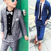 3 Pieces Ring Bearer Suit Boys Kids Suit Formal Suit Suit Blazer Clothing Set Party Street Cool Gentle Plaid Navy Blue Dark Gray Cotton