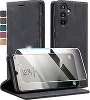 Premium Leather Flip Case for Samsung Galaxy A34 5G - [Includes Scratch-Resistant Screen Protector] - 360° All-Round Protection with Card Slots, Magnetic Closure & Stand Function (Black, Samsung A34
