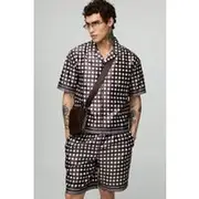 Mens Brown Oversized Boxy Short Sleeve Check Satin Shirt & Short Set