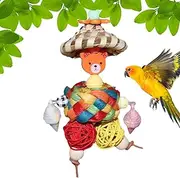 Djowyh Toy for large birds, bird toy for parakeets, straw hat, man shape, foraging toy, colourful rattan and nesting balls, visibility cage accessories for children, family
