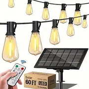 Solar String Lights Outdoor Weatherproof with Remote, Solar Powered LED Edison Bulb Outdoor String Lights for Outside Patio Backyard Fence Halloween Christmas