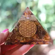 Natural Tiger Eye Orgone Pyramid Flower of Life EMF& 5G Protection LARGE 75mm