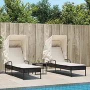 VRAXO Sun Loungers 2 pcs with Canopies and Table Black Poly Rattan -37.6KG,3261569
