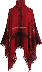 [IEPOFG] Women's Turtleneck Poncho Sweater Coarse Plaid Knit Cape Pullover Shawl Wrap Dress Ponchos Tassels Blouse