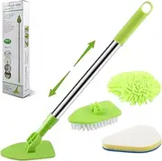 Bathroom Cleaning Brush, 3-in-1 Tub Tile Scrubbing Brush with Extendable Long Handle, Bathroom Scrubber Tool Adjustable Shower Cleaning Brush for Floor Bathtub Tile Wall Cleaning - Green
