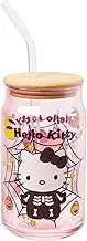 Silver Buffalo Sanrio Hello Kitty Halloween Spooky Skeleton Costume Pink Lavender Glass Jar Tumbler with Bamboo Lid and Glass Straw, 16 Ounces