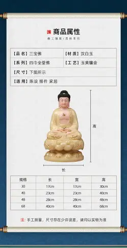 吾堂吾器漢白玉《三寶佛》玉黃鑲金釋迦牟尼佛藥師佛阿彌陀佛佛像