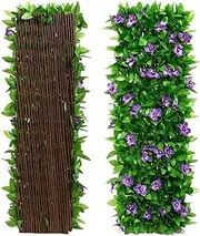 Expanding Garden Trellis Panels, Expandable Garden Fence Screening with Artificial Ivy and Violet Flower, Decorative Faux Ivy Leaf Privacy Screen Greenery Backdrop for Garden Backyard (20x40cm)