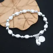 Pure S925 Sterling Silver Chain Ellipse Cat Eye Beads Link Shoe Bracelet 18-19g