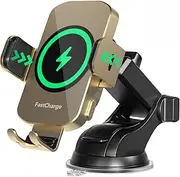 MOYAC Wireless Car Charger, Fast Charging 15W Auto Clamping Car Charger Phone Holder Phone Mount for iPhone15 14 13 12 11 Pro Max Xs, Samsung Galaxy S23 Ultra S22 S21 S20 S10+ Note 9, etc(Gold)