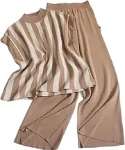 [HEYDHSDC] Women Contrast Vertical Stripe Sleeveless Knitted Suit Solid Color Casual Wide Leg Pants Two-Piece Set