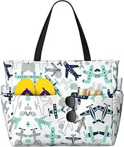[Ghjkfbf] Airplane Print Large Capacity Beach Travel Bag For Family, Beach Tote Bag For Women With Zipper Pockets, Black, One Size