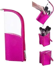 couragejoy Travel Make-up Brush Holder Organizer Bag，Clear Plastic&Oxford Cosmetic Zippered Case，Portable Waterproof Stand-Up Makeup Brush Pouch, Professional Artist Small Toiletry Cup, Red, Simple