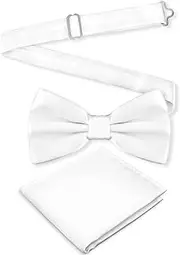 [Bremorou] Adjustable Bowtie And Pocket Square White Bow Ties For Men Solid Color Double Fold Pre-Tied Bow Tie And Pocket Square Set Adjustable Length Satin Bow Tie Men's Pre-Tied Satin Formal Tuxedo Bowtie,