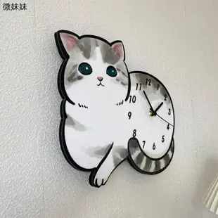 小貓咪卡通時鐘 創意個性裝飾掛牆時鐘 實木質掛鐘 貓咖幼兒園客廳裝飾 房鐘錶