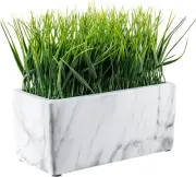 Freestanding Artificial Green Grass Plant in White Marble Ceramic Planter Pot