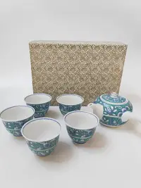 在飛比找Yahoo!奇摩拍賣優惠-日本回流 有田燒 磁州窯 側把壺 茶杯 茶道具套組 一壺五杯