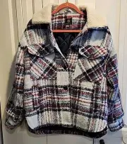 Mountain & Isles Women's Oversized Jacket Shacket Heavy Pink Blue Plaid Medium