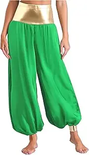 [Hedmy] Womens Arabian Harem Pants Metallic Shiny Patchwork Halloween Cosplay Yoga Sports Dance Festival Outfit