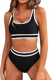 [Holcuva] Women's High Waisted Bikini Set Sporty Crop Top Cheeky High Cut Swimwear Tummy Control Color Block Two Piece Bathers