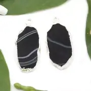 Natural Black Agate Slice Silver Electroplated Connectors Pair Making Earrings