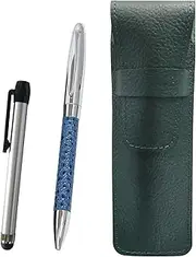 SASMG-ALST-PD03-L Grain Leather Pen Case Moss Green Metal Touch Stick Silver and Genuine Leather Winding Rotating Ballpoint Pen Director Set Blue