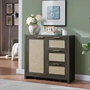 Hampstead Storage Cabinet/Buffet/Sideboard/Accent Cabinet with Rattan Drawers Midnight Oak
