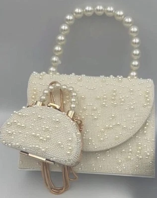NWT House of Harlow SET Pearl Beaded Top Handle & Micro Mirror Mini Handbag